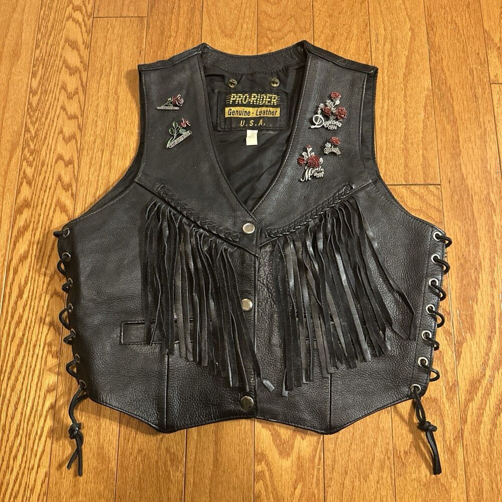 Vintage Pro Rider Premium Leather Vest Women's Size 8 Lace Up Sides W/Pins